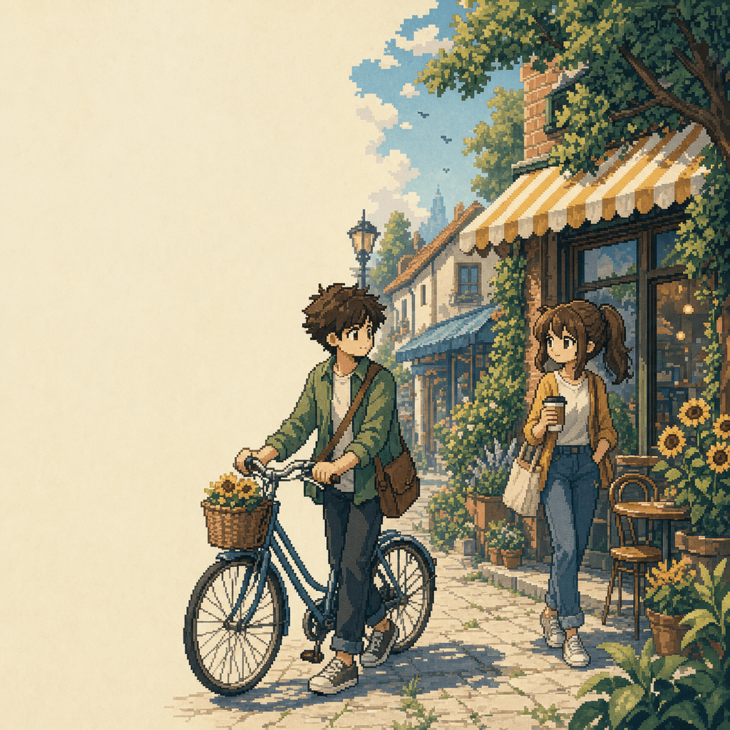 Pixel-art scene of two people crossing paths outside a neighborhood cafe